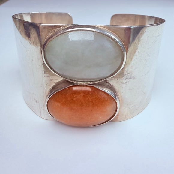Artisan BIG Orange & Pale Jade Handmade 35mm Wide Sterling Silver Cuff Bracelet - Picture 1 of 11